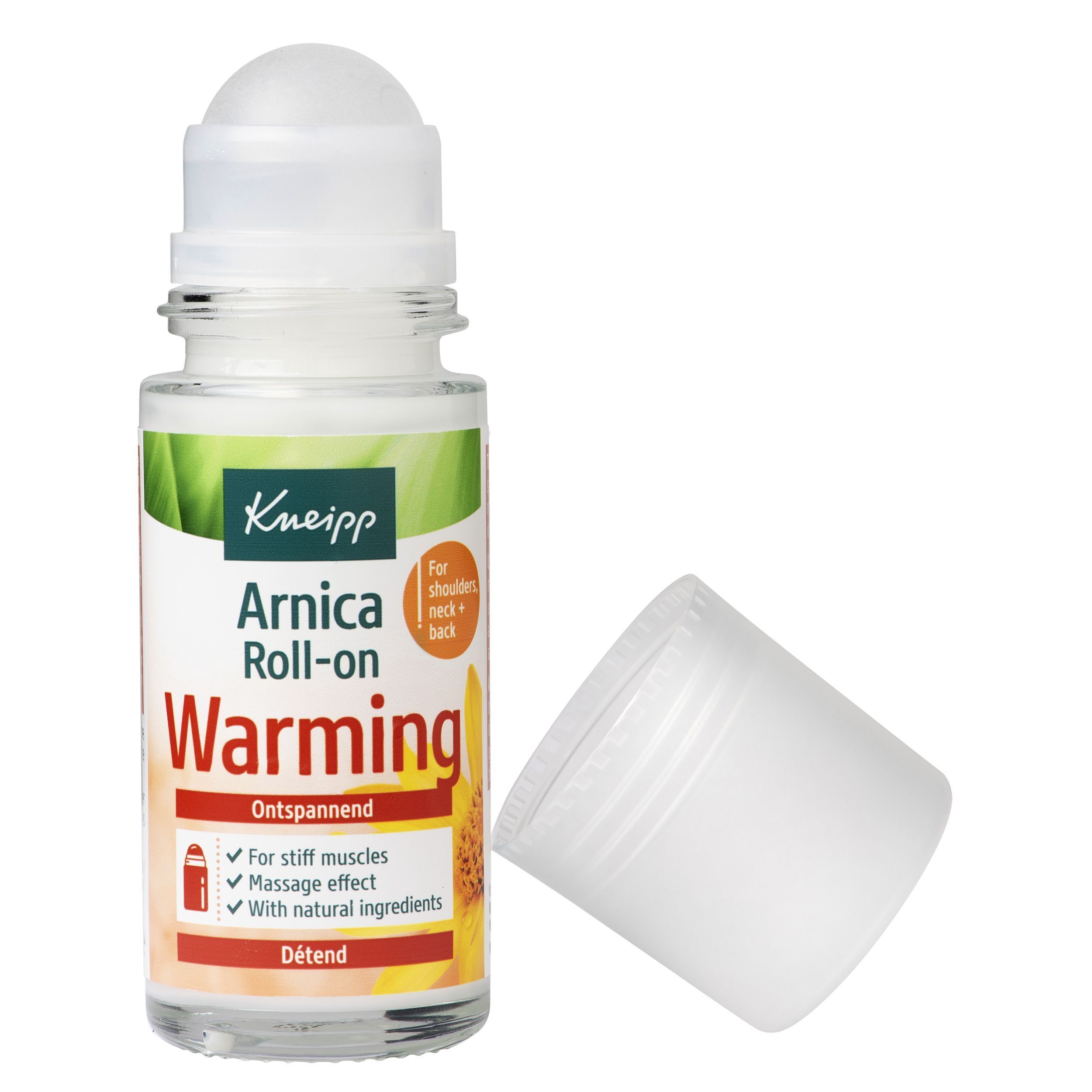 Kneipp Arnica Roll-on Warming. Fles met roll-on applicator, dop ernaast. Opschrift: Arnica Roll-on Warming, voor schouders, nek, rug.