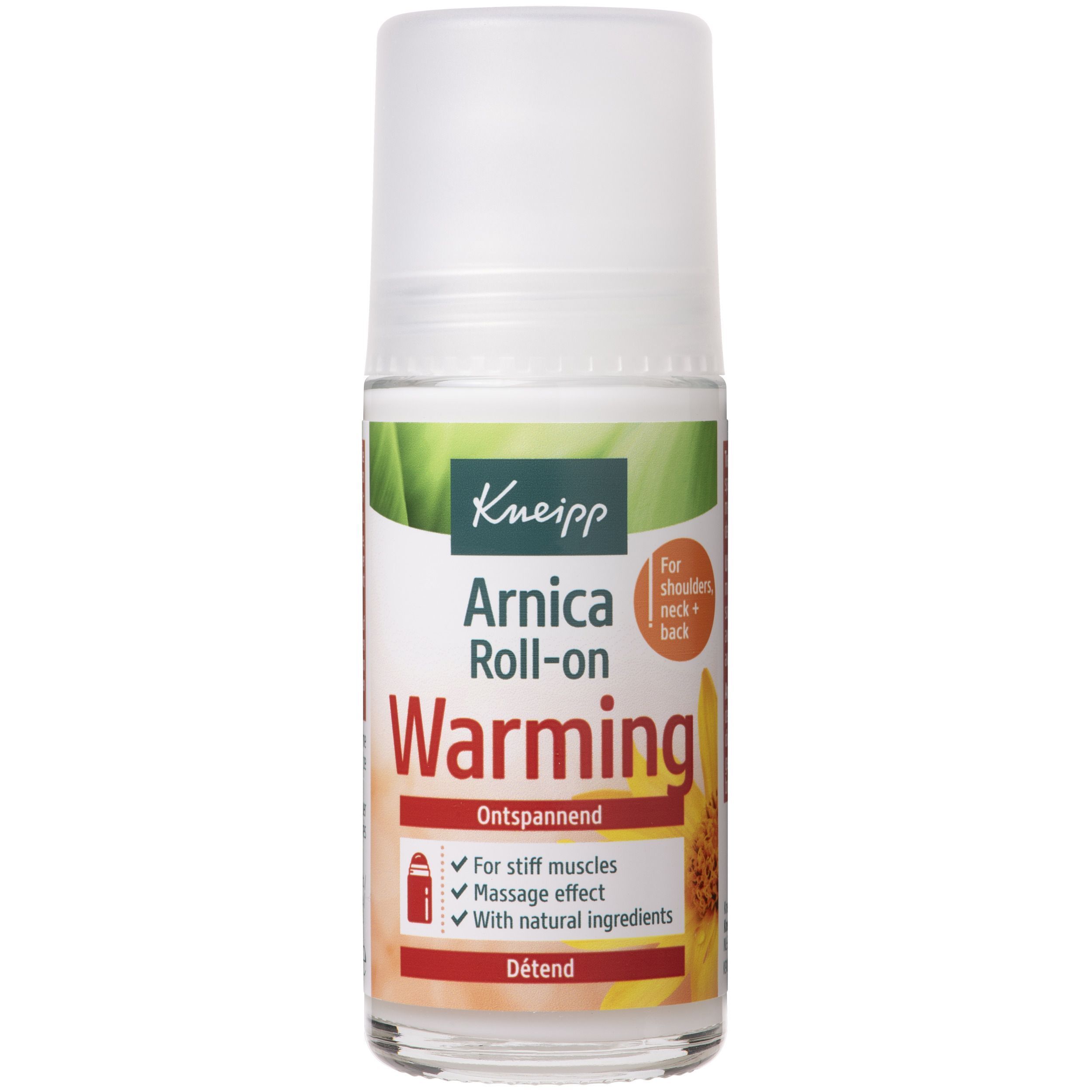 Kneipp Arnica Roll-on Warming. Fles met roll-on applicator. Opschrift: Arnica Roll-on Warming, voor schouders, nek, rug.