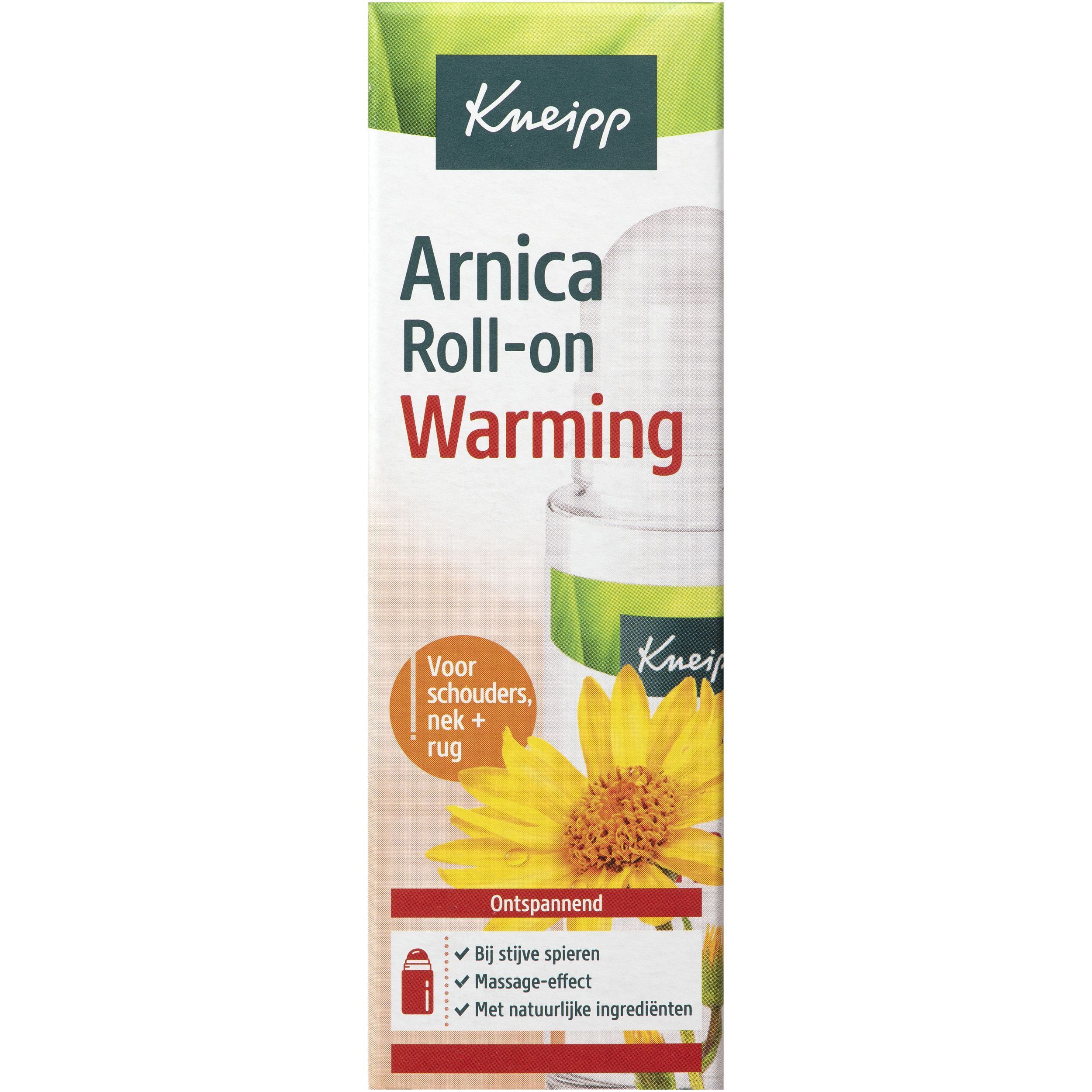 Kneipp Arnica Roll-on Warming. Emballage avec image du produit. Inscription : Arnica Roll-on Warming, pour épaules, cou, dos.
