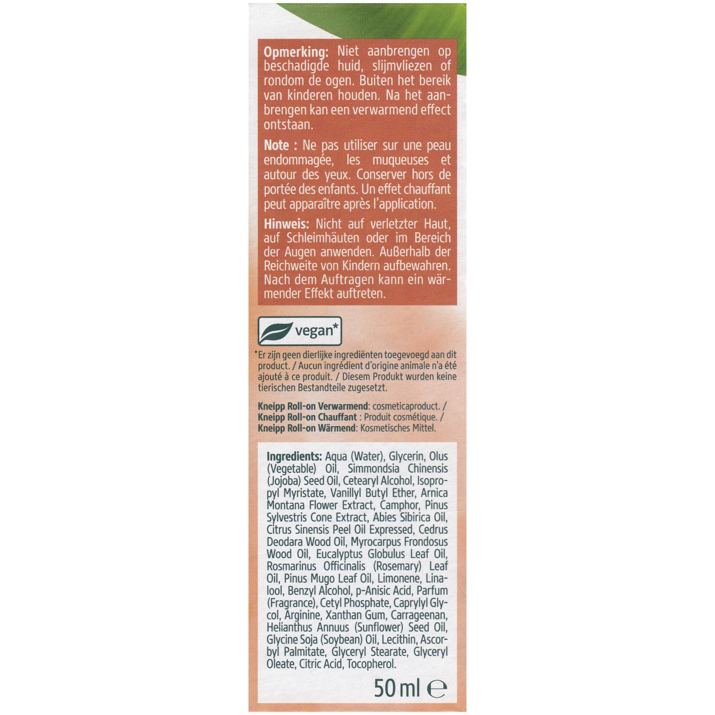 Dos de l'emballage de Kneipp Arnica Roll-on Warming. Texte avec ingrédients et instructions d'utilisation. Logo végan.