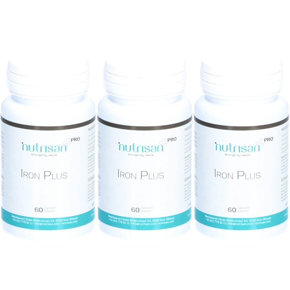 Drie witte flessen met schroefdop. Opschrift: Nutrisan Pro Iron Plus. Elke fles bevat 60 capsules.