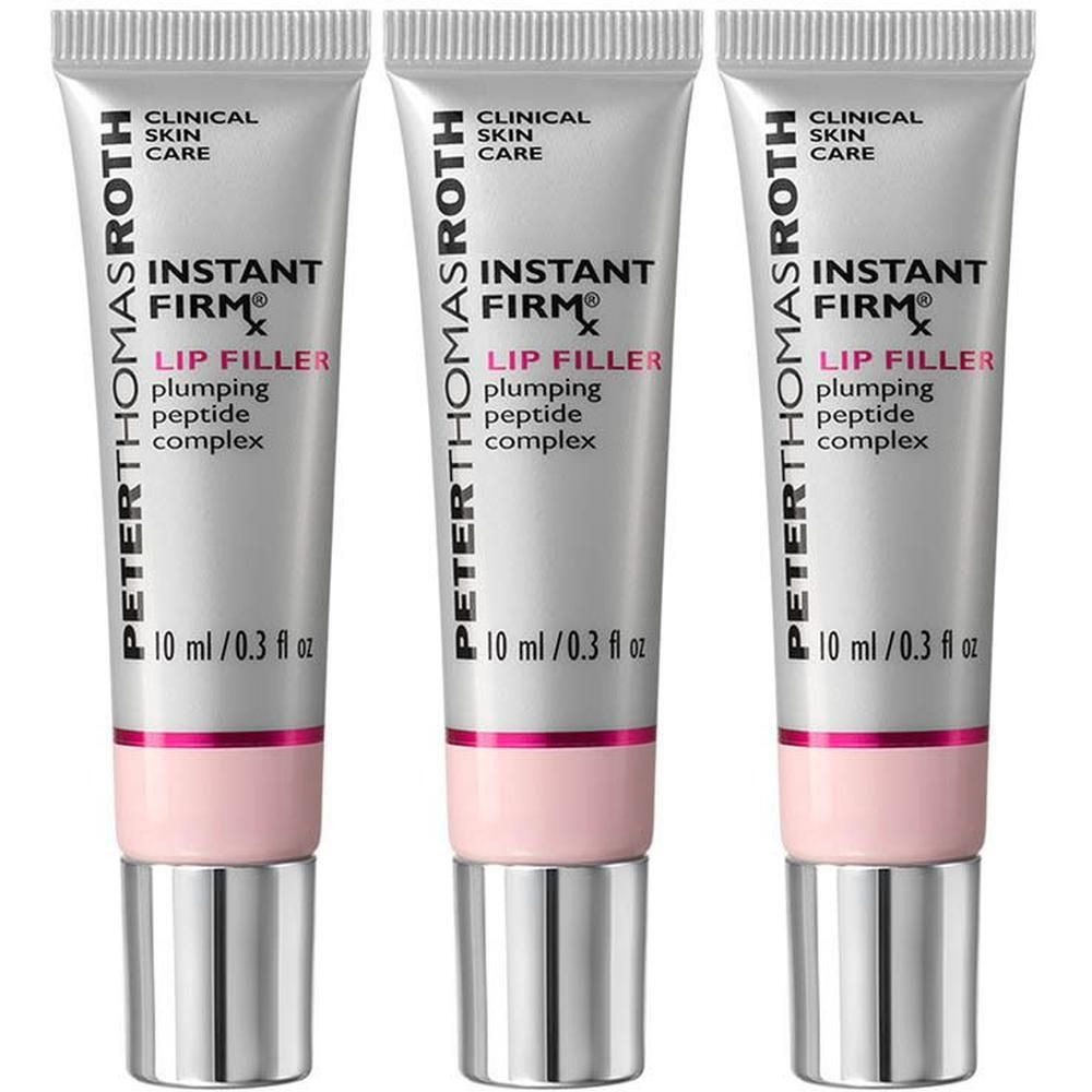 Trois tubes de Peter Thomas Roth Instant Firmx Lip Filler. Tubes argentés avec accents roses et nom du produit. 10 ml.
