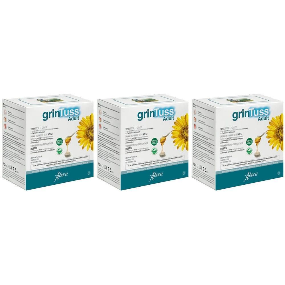 Drie dozen grinTuss Adult, met een gele zonnebloem en het Aboca-logo.