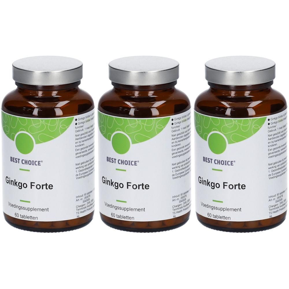 Drie bruine glazen flessen met zilveren doppen. Op de etiketten staat "BEST CHOICE Ginkgo Forte". Elke fles bevat 60 tabletten.