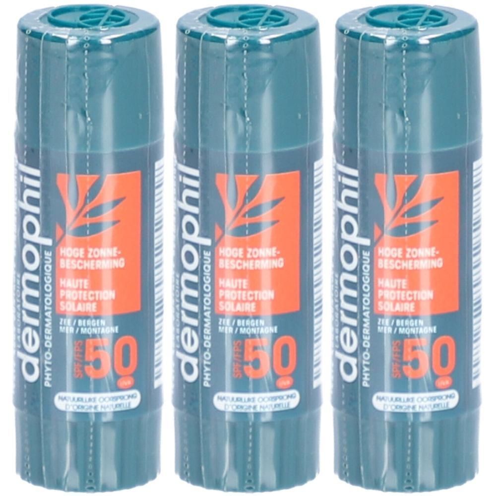 Drie cilindrische lippenbalsems in folie. Opschrift: Dermophil, Hoge zonbescherming, SPF 50.