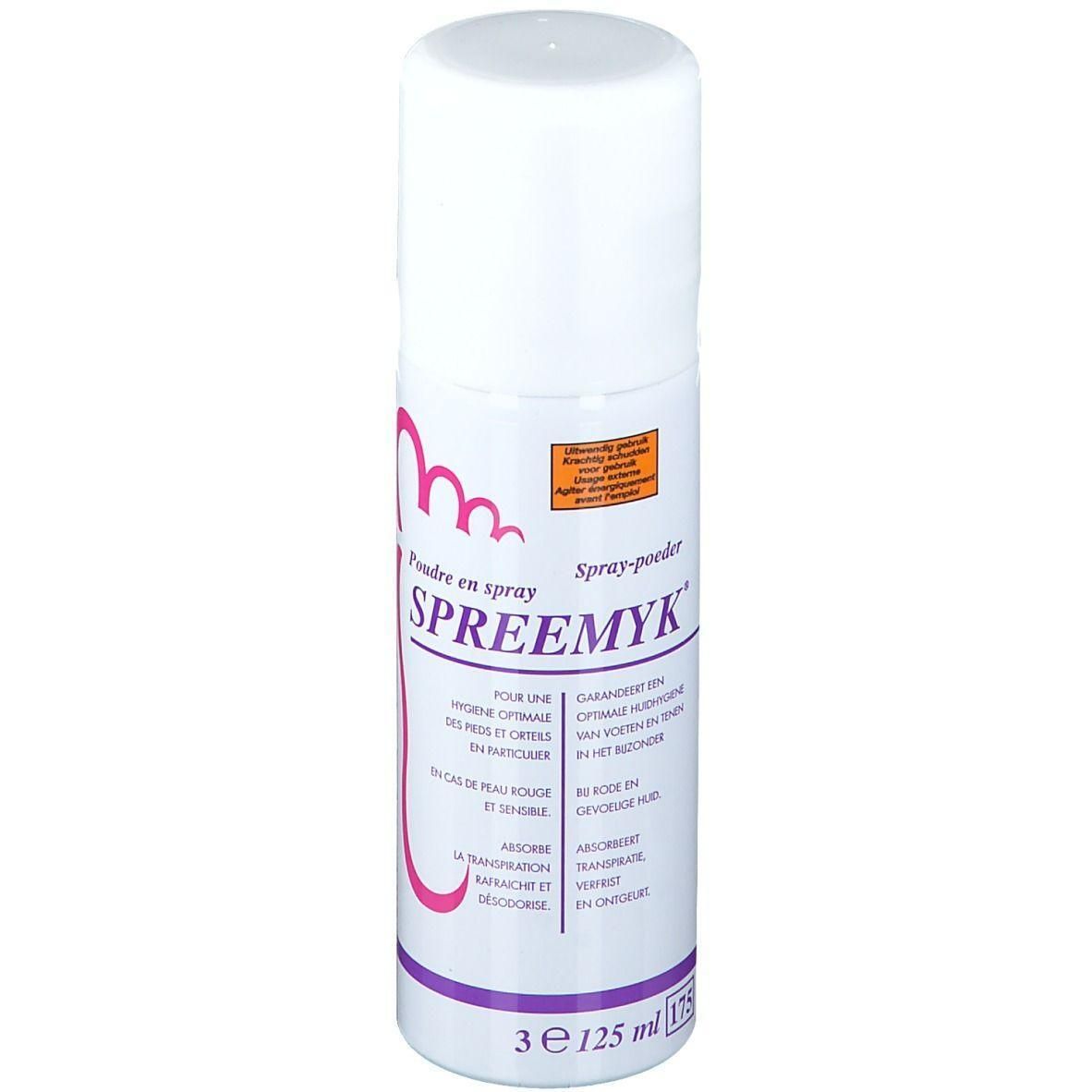 Flacon spray blanc SPREEMYK. Inscription : Poudre en spray, Spray-poeder. Contenance : 125 ml.