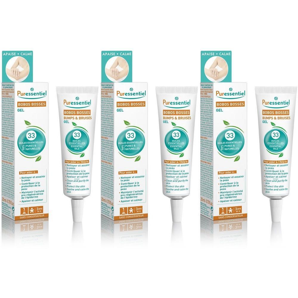 Plusieurs tubes et boîtes de "Puressentiel Gel Bobos Bosses". Inscription "33".