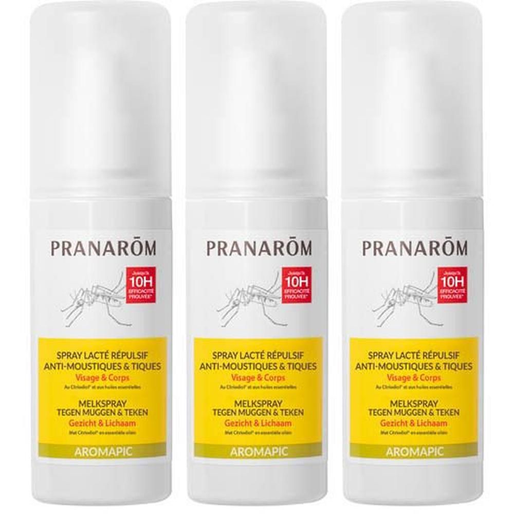 Trois sprays blancs et jaunes. Inscription: Pranarōm, Aromapic, Spray lacté répulsif anti-moustiques & tiques. 10H.