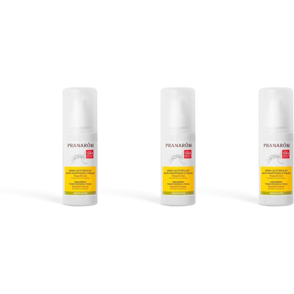 Drie sprays met witte kop en geel etiket. Opschrift: Pranarōm, Aromapic, Spray lacté répulsif anti-moustiques & tiques.