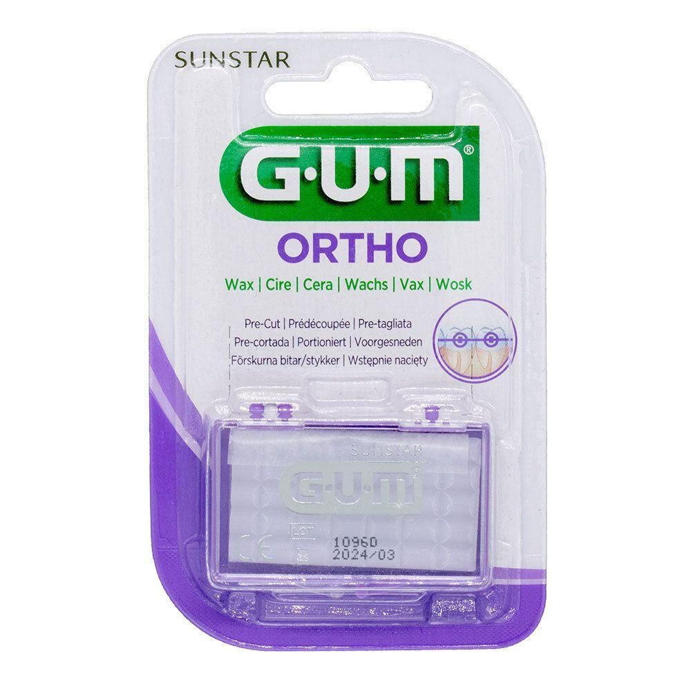 Emballage de cire GUM Ortho. Contient des bandes de cire pour appareils orthodontiques. Marque et nom du produit visibles.