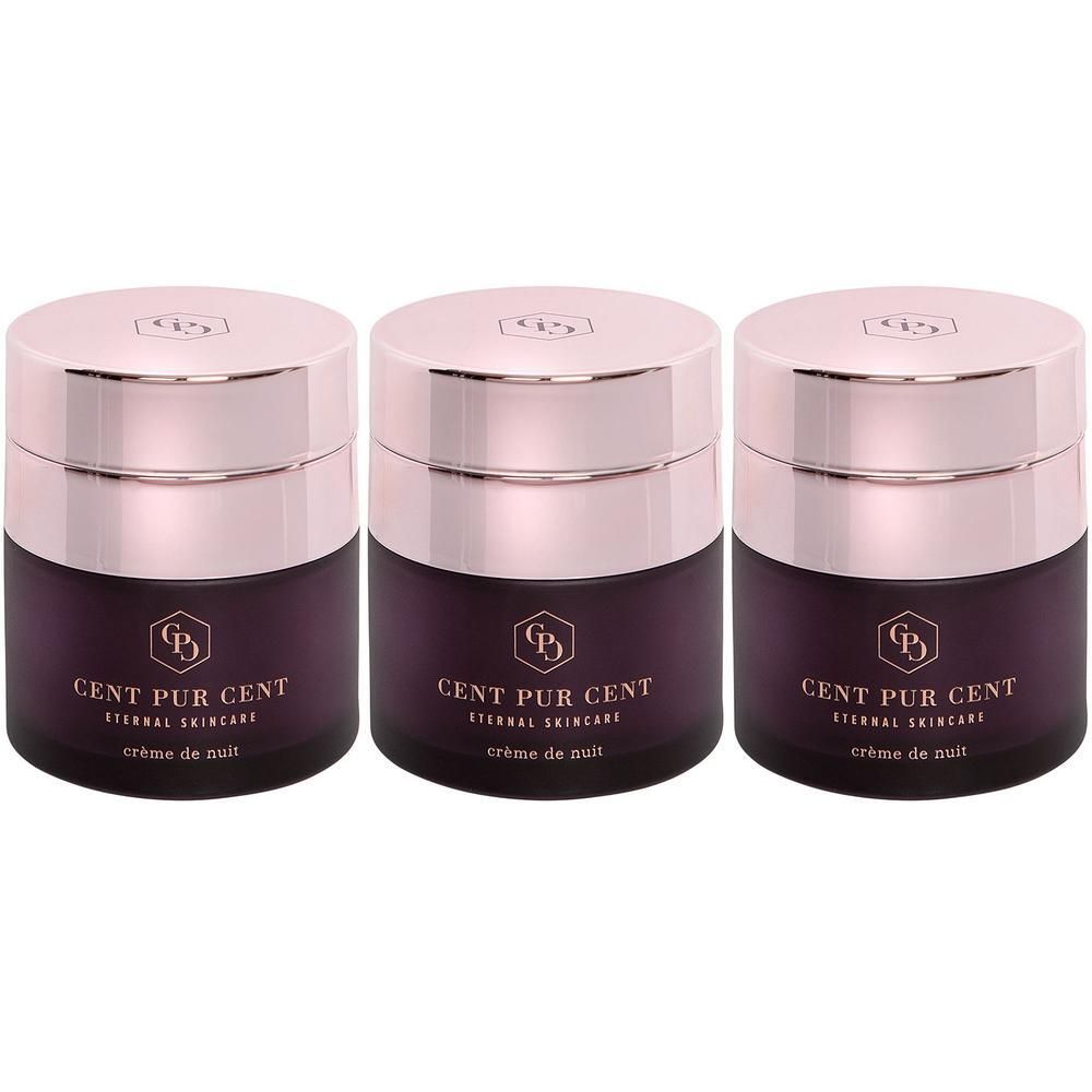Trois pots de Cent Pur Cent Eternal Crème de jour. Verre violet foncé, couvercles or rose. Logo et texte visibles.