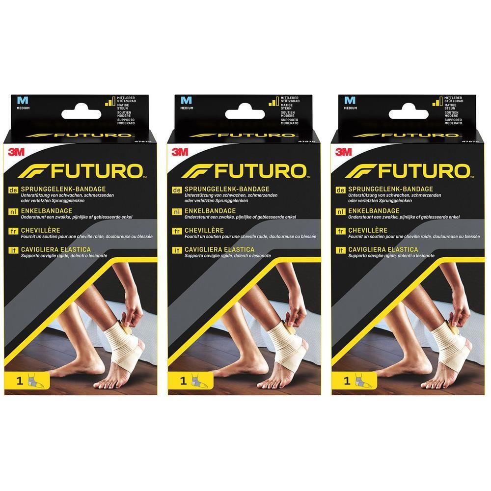 Drie FUTURO™ enkelbandages in verpakking. Maat M. 3M logo. Tekst: ENKELBANDAGE, CHEVILLÈRE, CAVIGLIERA ELASTICA.