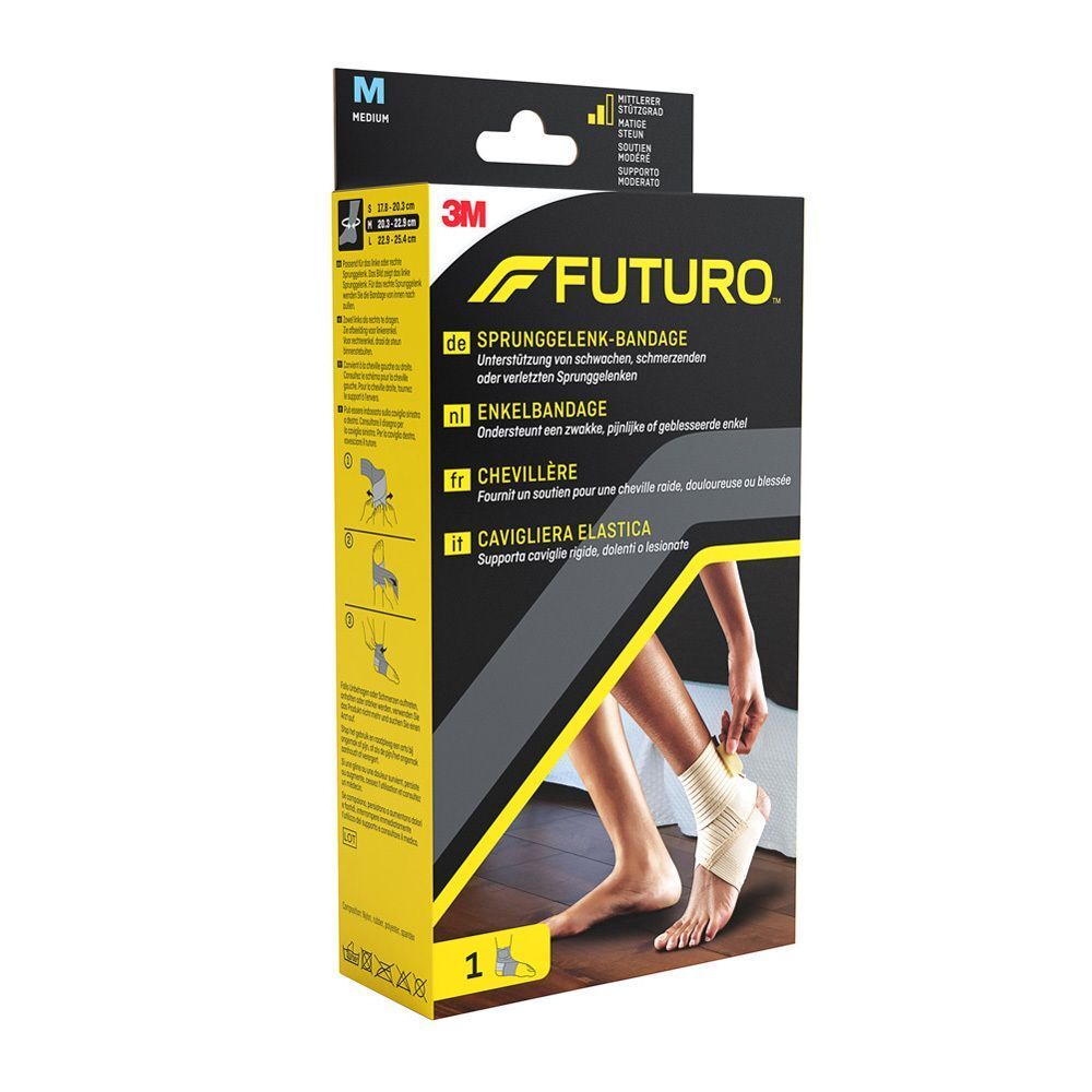Chevillière FUTURO™ en emballage. Taille M. Logo 3M. Texte : ENKELBANDAGE, CHEVILLÈRE, CAVIGLIERA ELASTICA. Illustration d'une application.