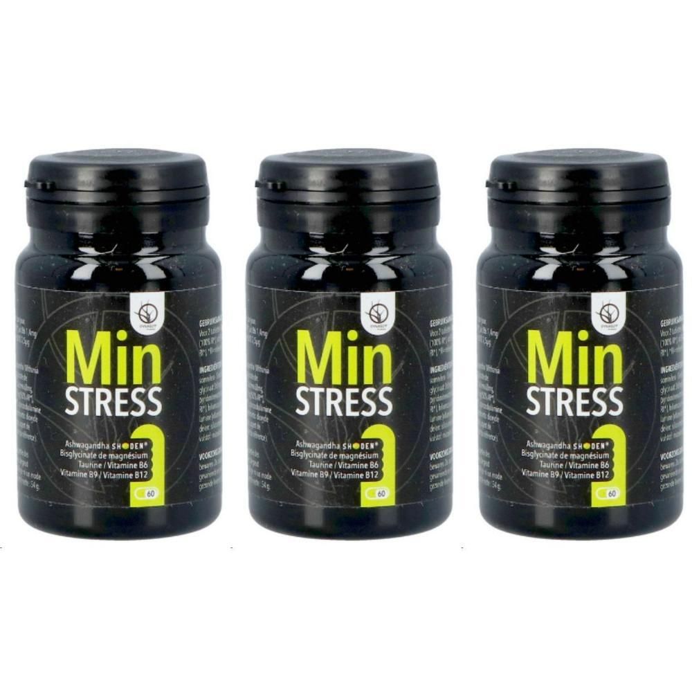 Trois flacons noirs avec l'inscription "Min Stress". Inscription en jaune et blanc. Avec couvercles.