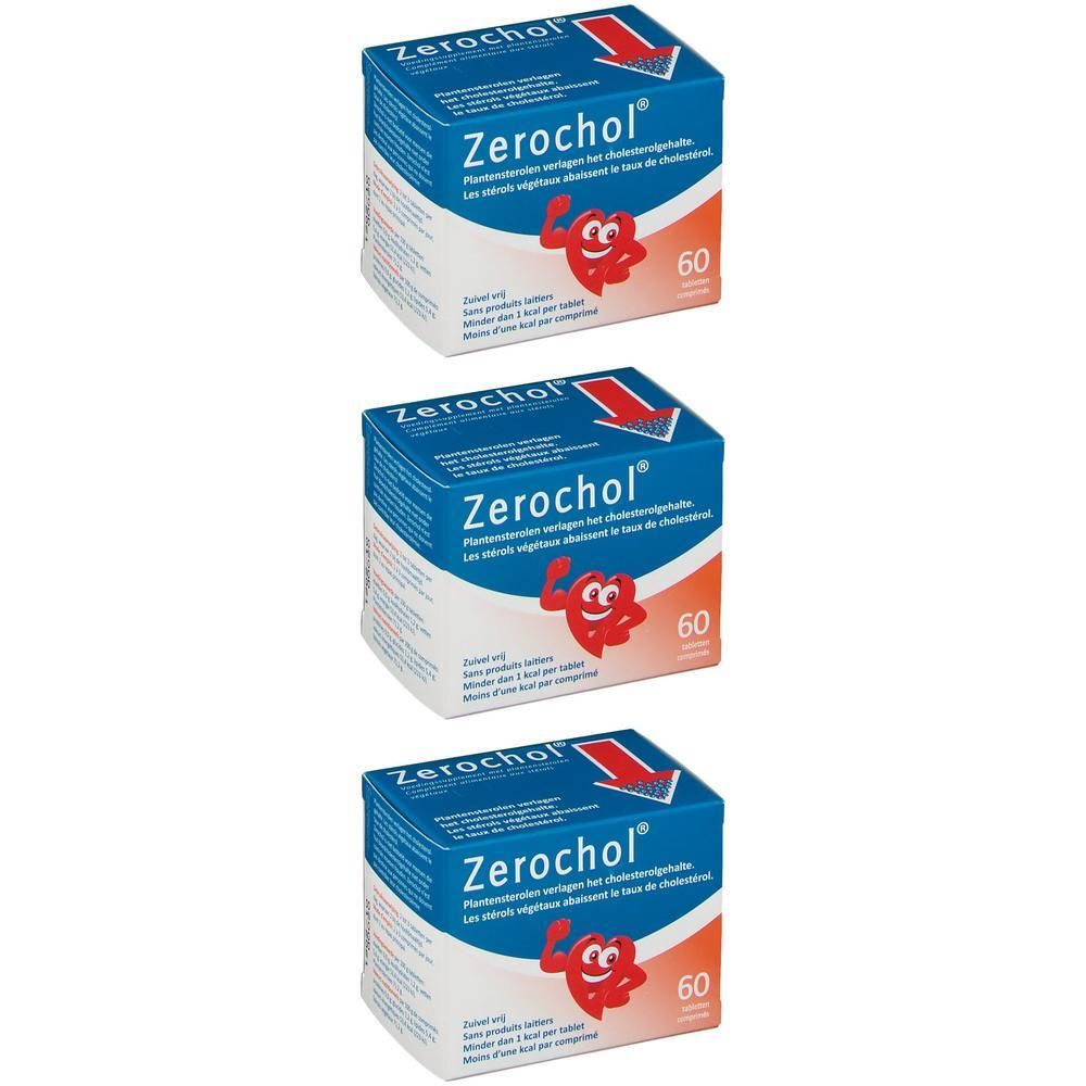 Trois boîtes Zerochol. Emballage bleu et blanc avec un cœur rouge et le chiffre 60. Texte en plusieurs langues.