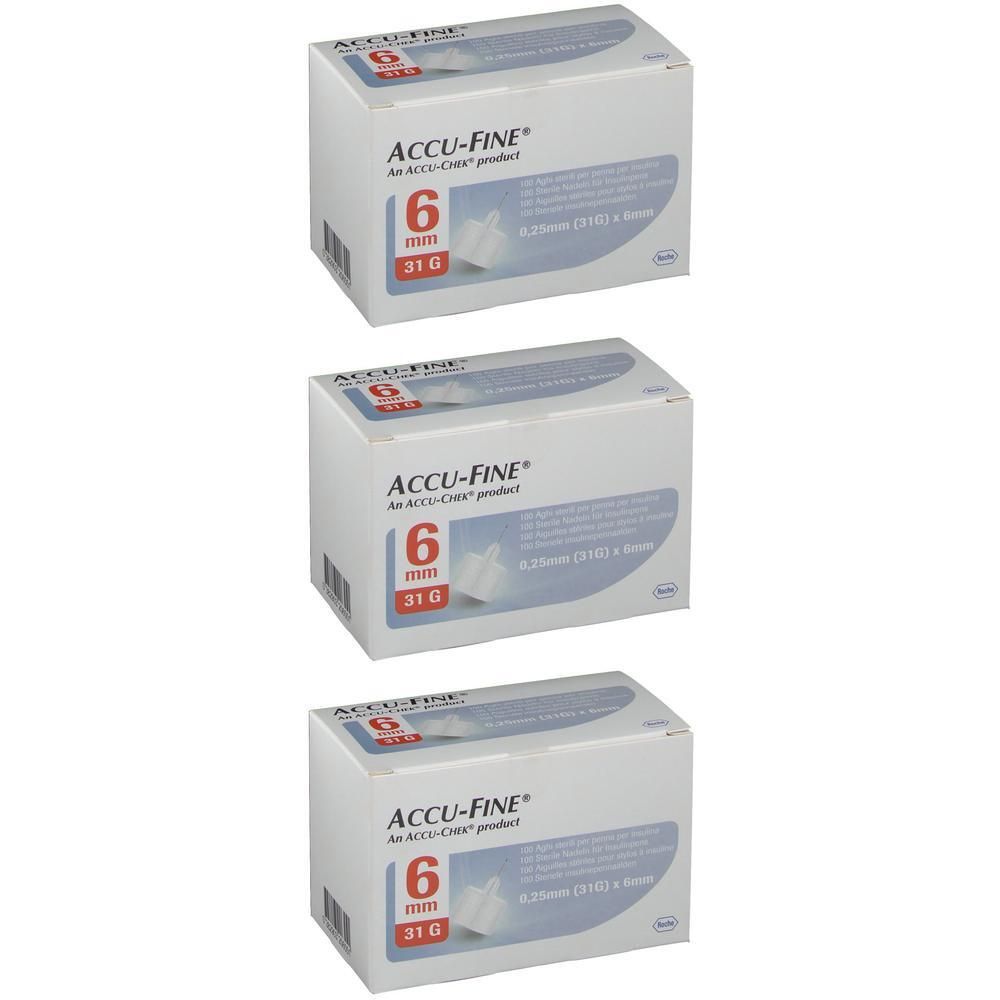 Trois boîtes blanches avec le texte ACCU-FINE. Chaque boîte indique 6 mm et 31 G. Texte : 0,25 mm (31G) x 6 mm.