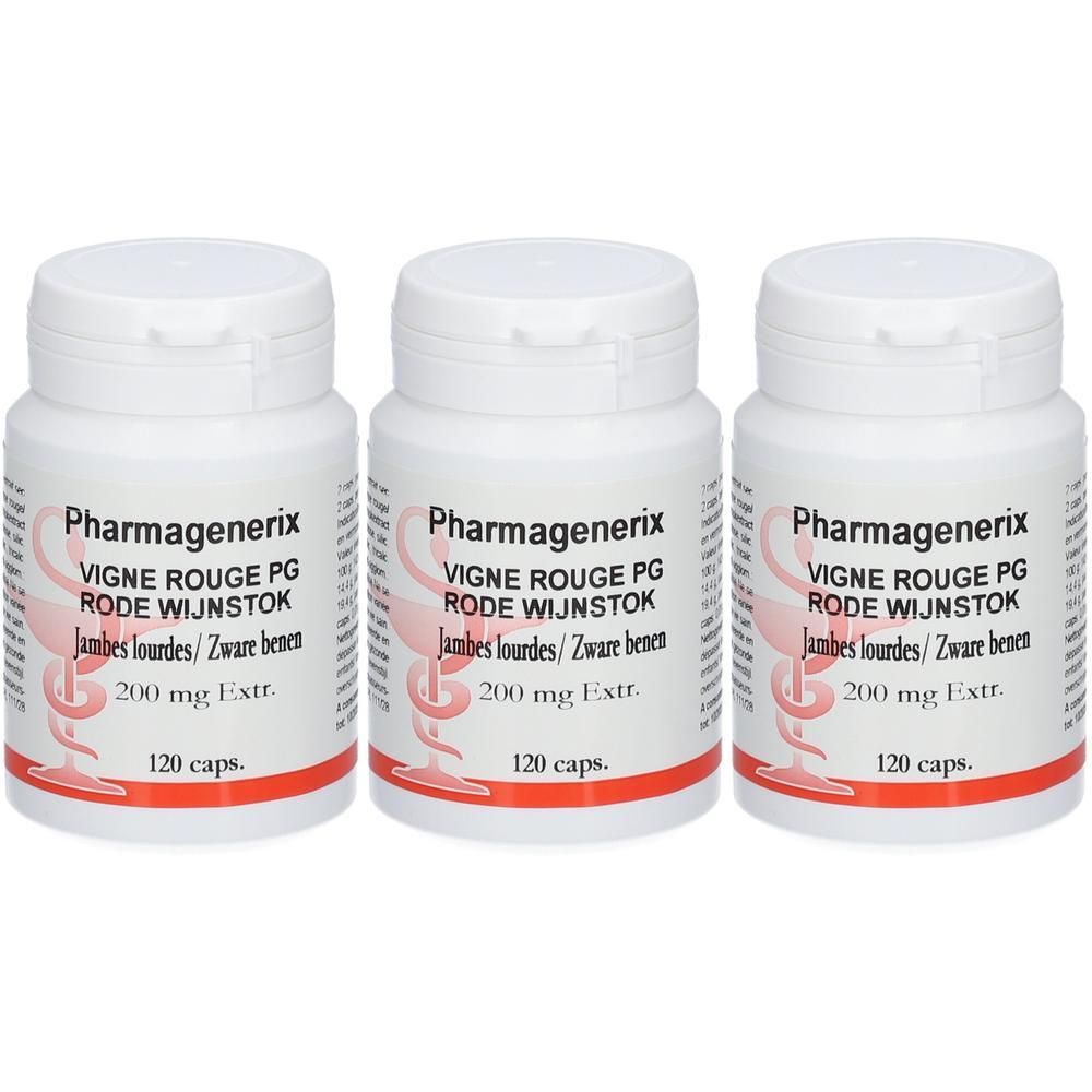 Trois flacons blancs avec texte rouge. Inscription: Pharmagenerix Vigne Rouge PG, 200 mg Extr., 120 caps.
