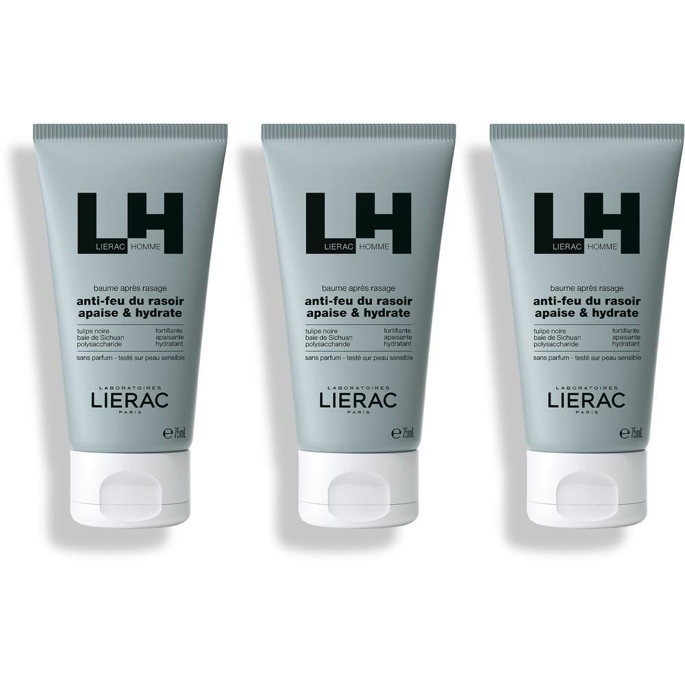 Trois tubes de baume après-rasage. Tubes gris avec bouchon blanc. Inscriptions noires : LH, LIERAC, anti-feu du rasoir, apaise & hydrate.