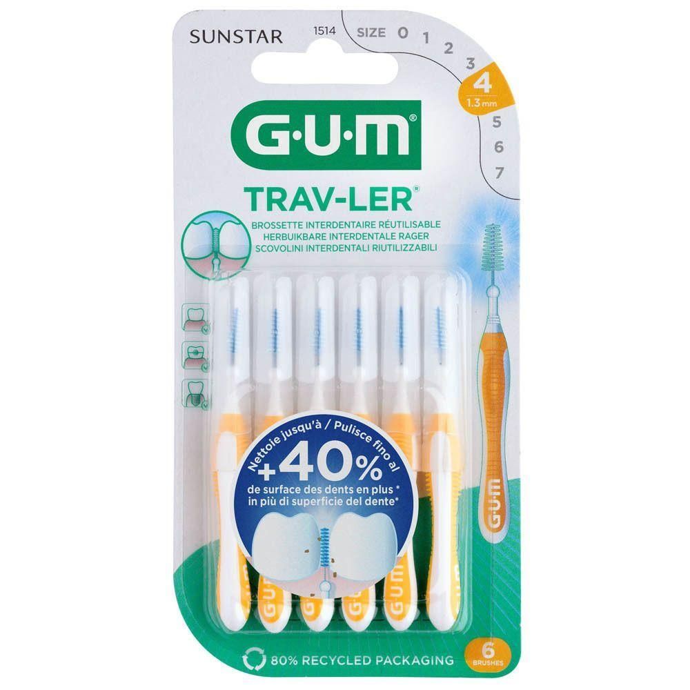 Verpakking van 6 GUM® TRAV-LER® ragers. Groene verpakking met productafbeelding en maatindicatie 1,3 mm. 80% gerecycled materiaal.