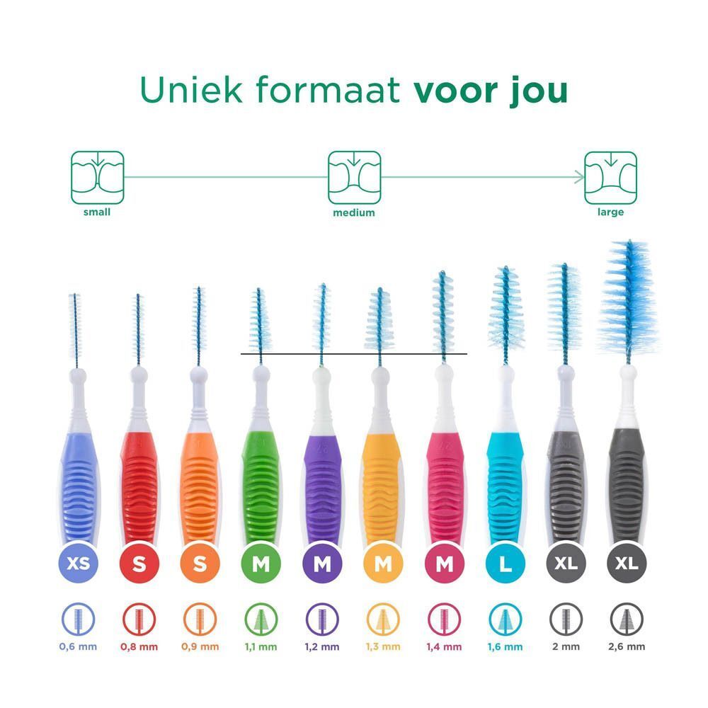 Verschillende maten GUM® TRAV-LER® ragers. Maten van XS (0,6 mm) tot XL (2,6 mm).