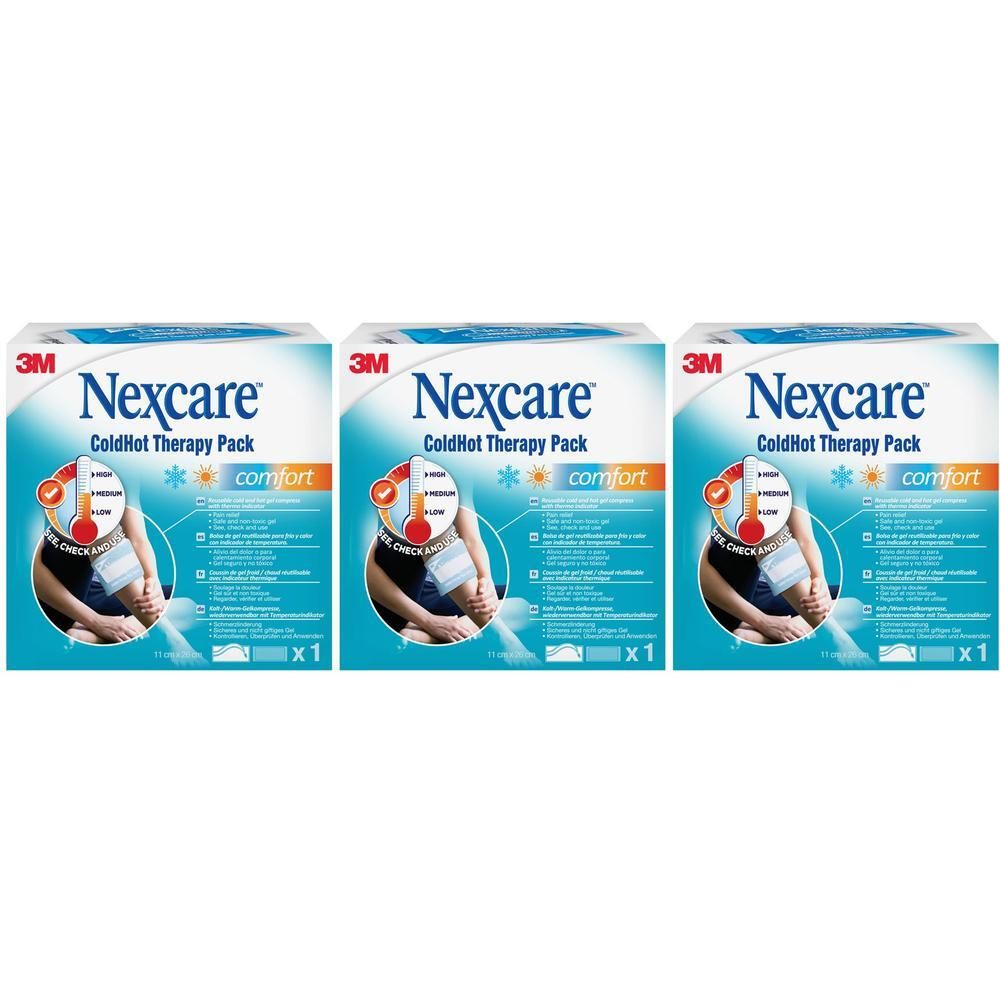 Drie verpakkingen Nexcare ColdHot Therapy Pack. Blauw-witte verpakking met productafbeelding en tekst.