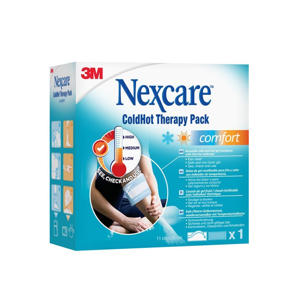 Nexcare ColdHot Therapy Pack. Blauw-witte verpakking met productafbeelding en tekst. Temperatuurindicator.