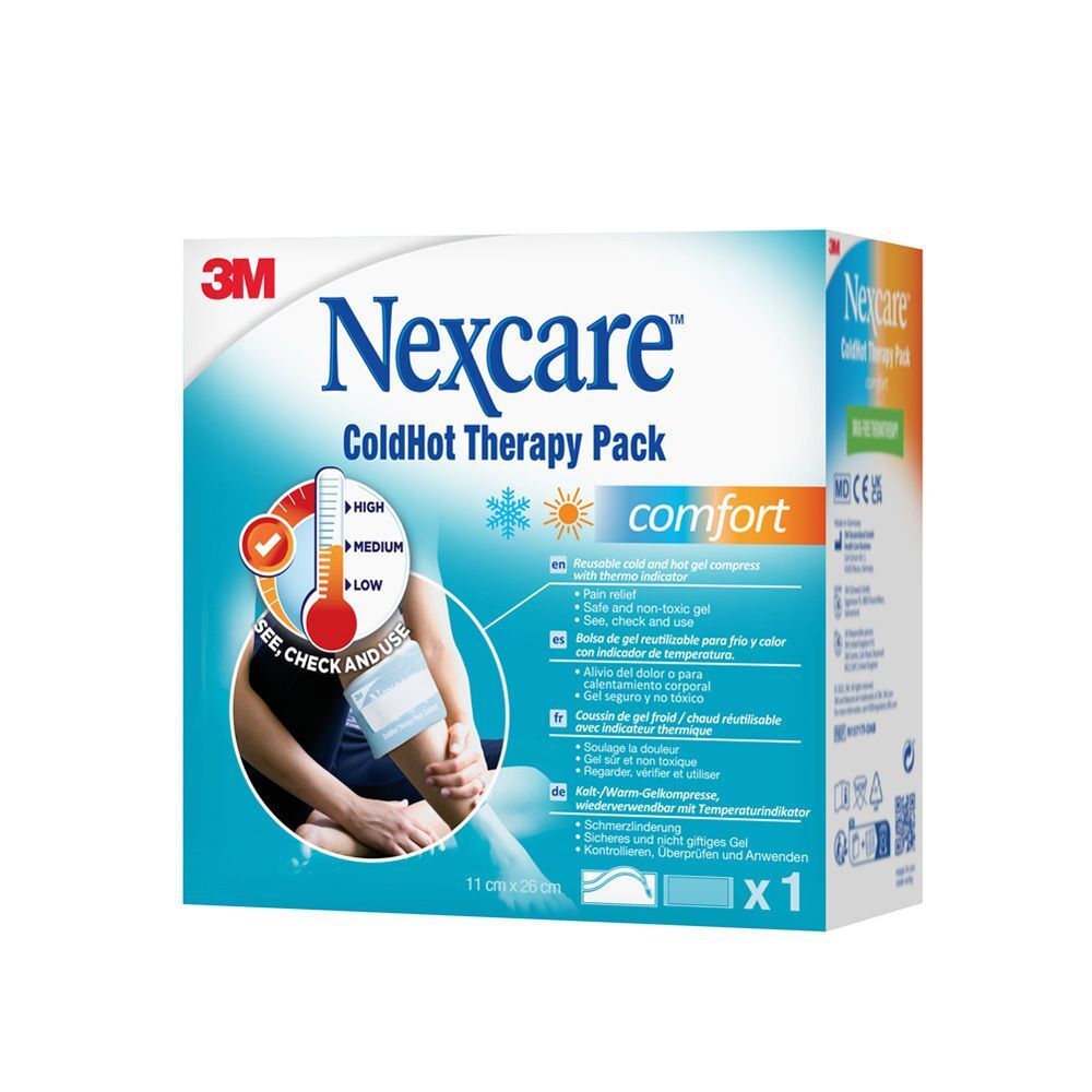 Nexcare ColdHot Therapy Pack. Emballage bleu et blanc avec image du produit et texte. Indicateur de température.