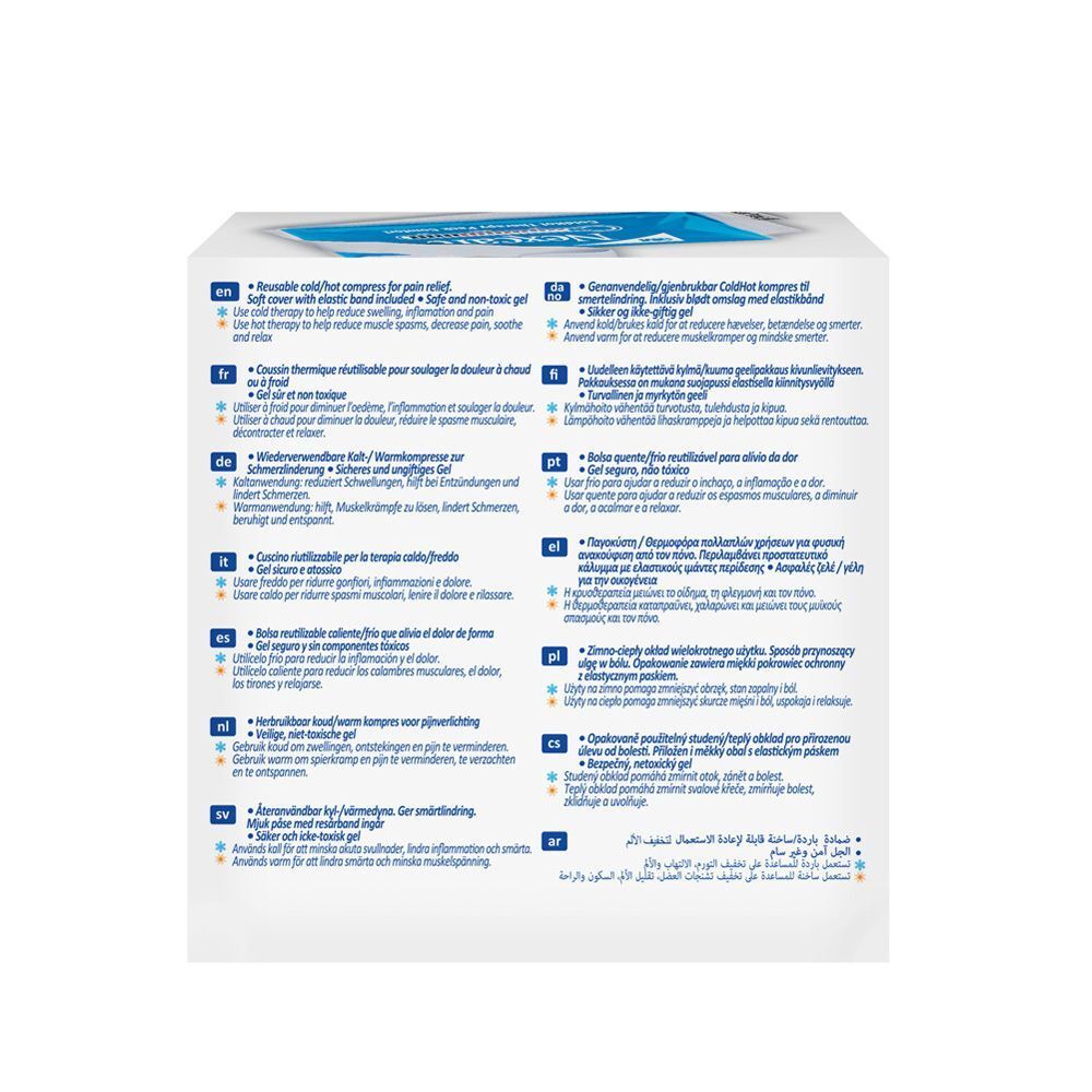 Achterkant van de verpakking Nexcare ColdHot Therapy Pack. Tekst in meerdere talen.