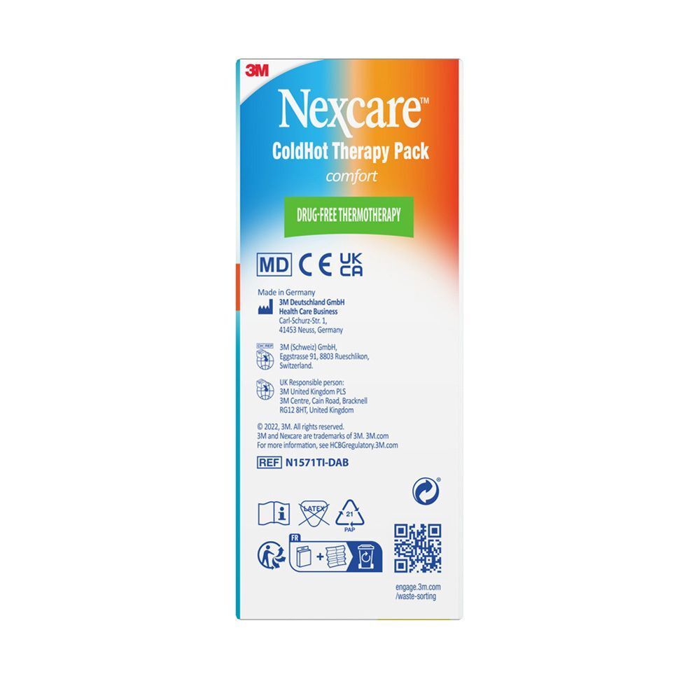 Dos de l'emballage Nexcare ColdHot Therapy Pack. Texte en plusieurs langues. MD CE UK CA.