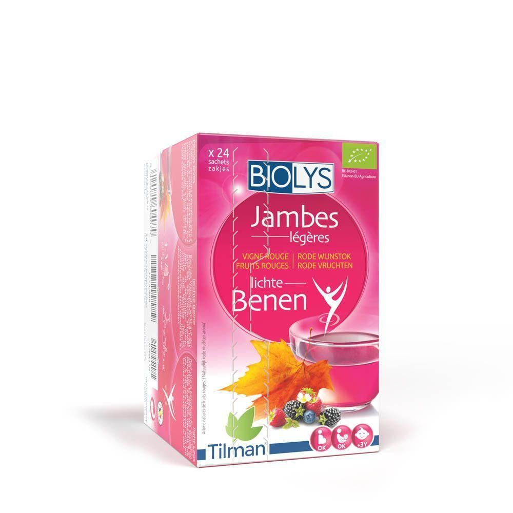 Boîte Biolys rose, texte Jambes légères, Vigne Rouge, Fruits Rouges. Contient 24 sachets.