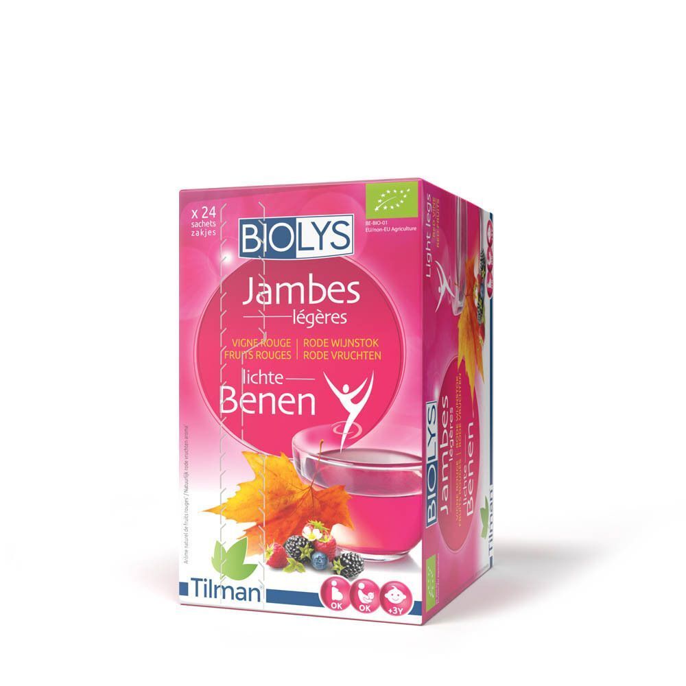 Boîte Biolys rose, texte Jambes légères, Vigne Rouge, Fruits Rouges. 24 sachets.