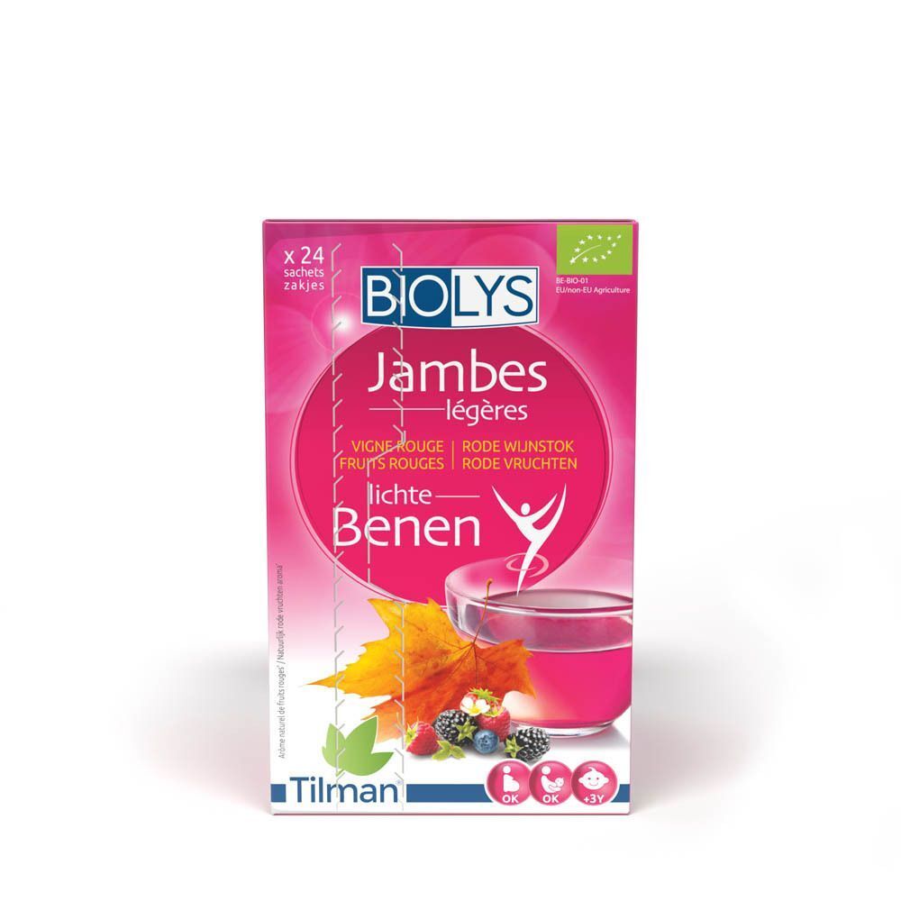 Roze Biolys doos, tekst Jambes légères, Vigne Rouge, Fruits Rouges. 24 zakjes.