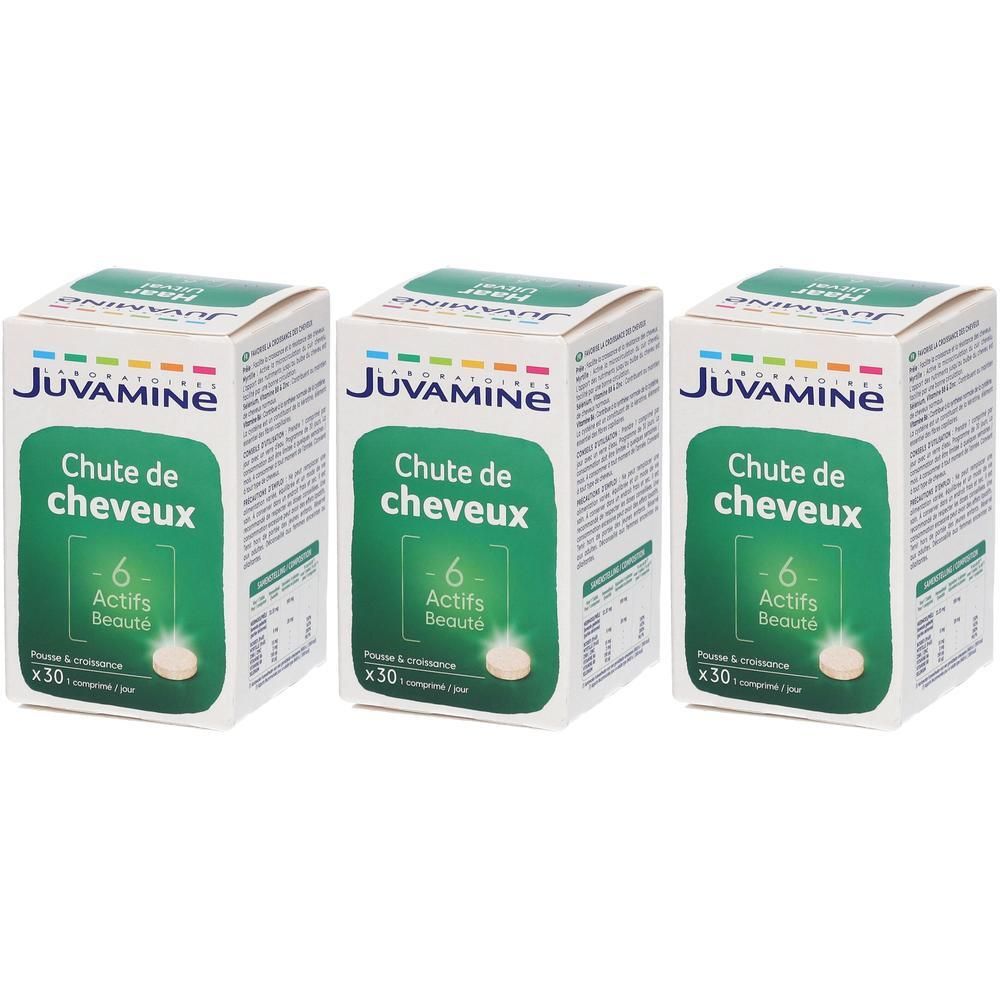 Drie dozen Juvamine. Op elke doos staat "Chute de cheveux" en "6 Actifs Beauté". Elke doos bevat x30 tabletten.