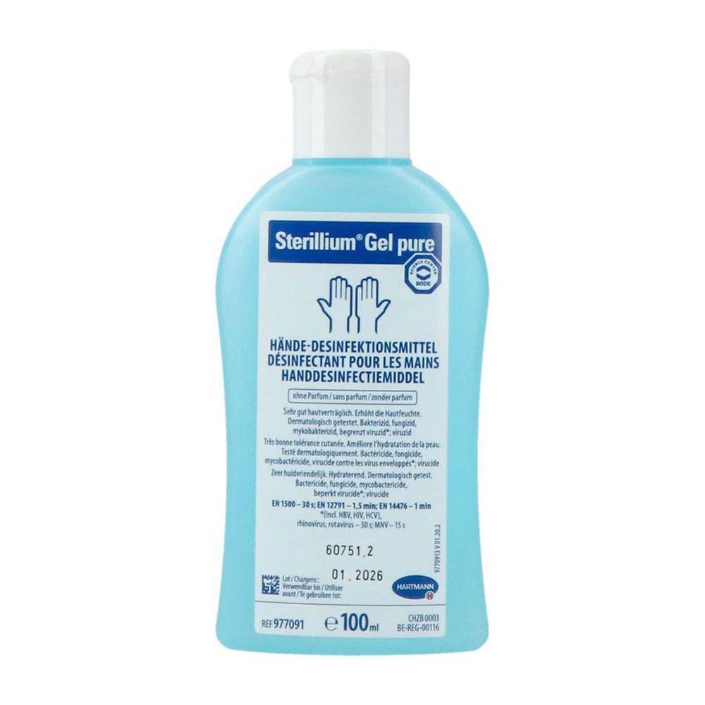 Lichtblauwe fles met witte dop. Opschrift: Sterillium Gel pure, handdesinfectiemiddel. Bevat 100 ml.