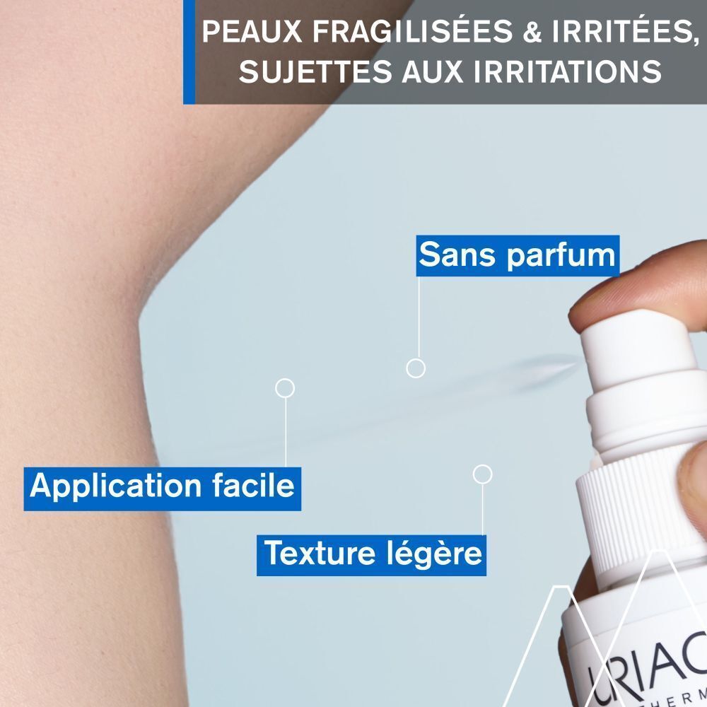 Gros plan d'un flacon pulvérisateur blanc pulvérisant sur un bras. Texte: Application facile, Texture légère, Sans parfum.