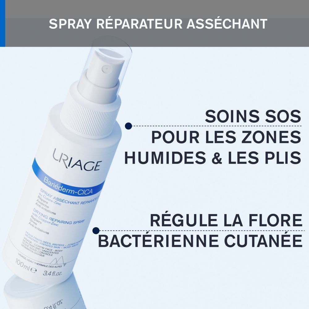 Flacon pulvérisateur blanc avec étiquette bleue. Texte: Spray réparateur asséchant, Soins SOS, Régule la flore bactérienne cutanée.