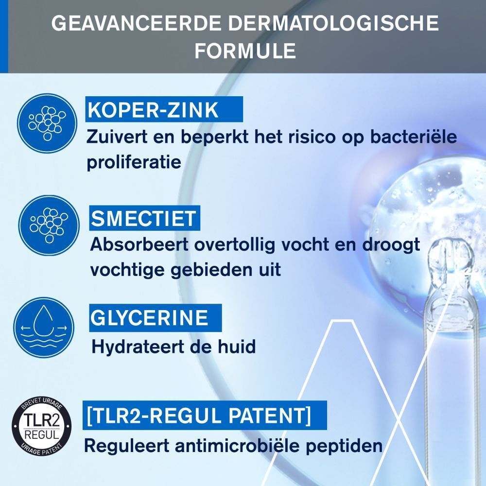 Grafiek met ingrediënten. Tekst: Koper-Zink, Smectiet, Glycerine, [TLR2-REGUL PATENT].