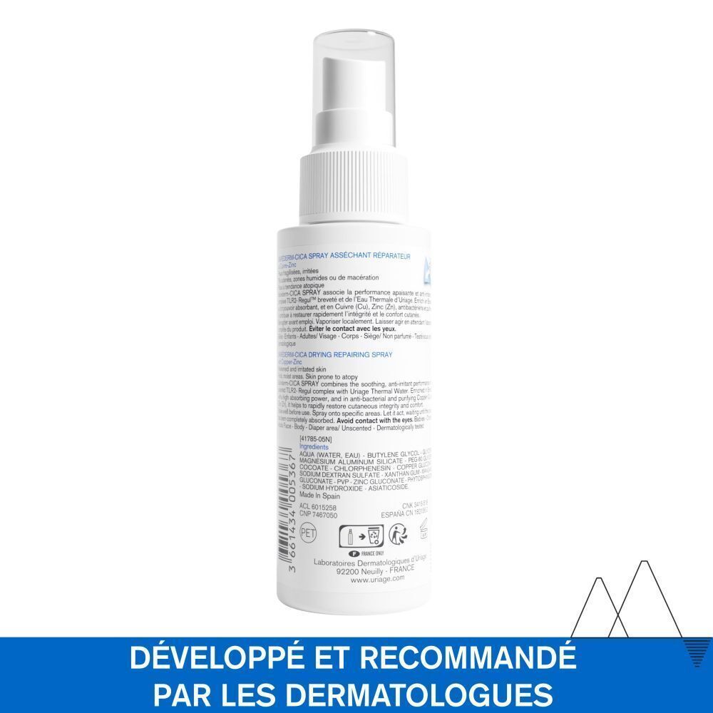 Dos d'un flacon pulvérisateur blanc. Texte: Développé et recommandé par les dermatologues.