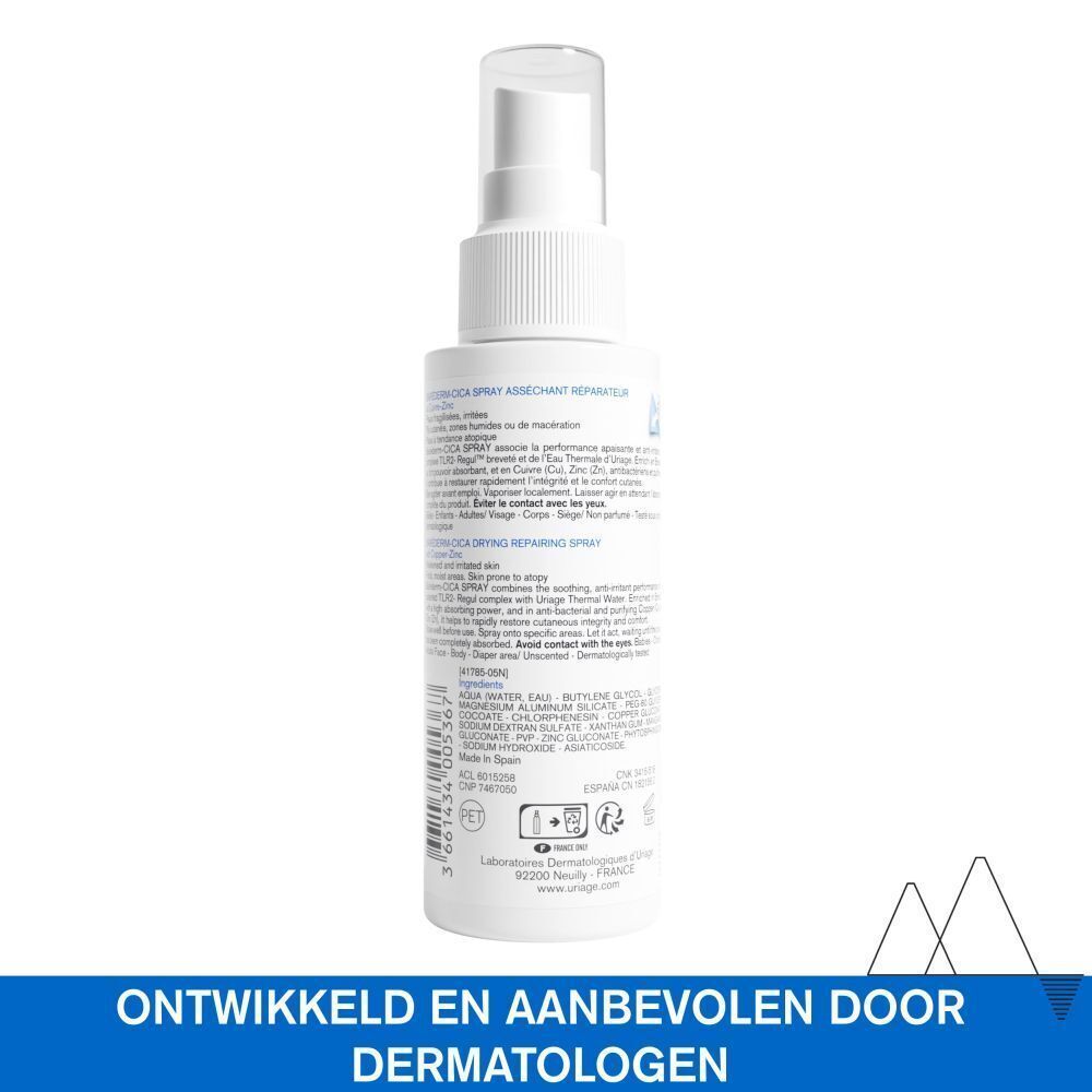 Achterkant van een witte spuitfles. Tekst: Ontwikkeld en aanbevolen door dermatologen.