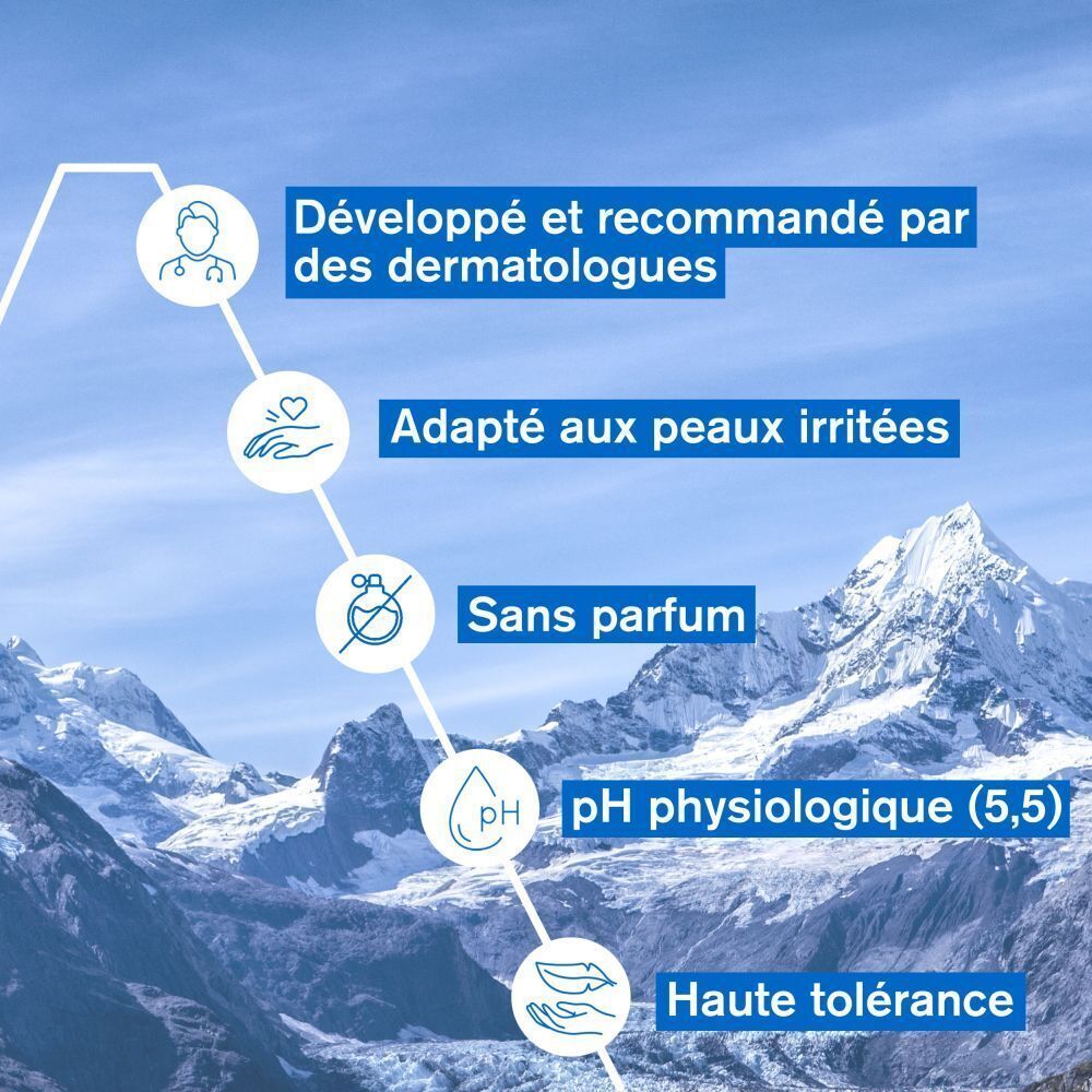 Graphique avec texte. Texte: Développé par des dermatologues, Adapté aux peaux irritées, Sans parfum, pH physiologique (5,5), Haute tolérance.