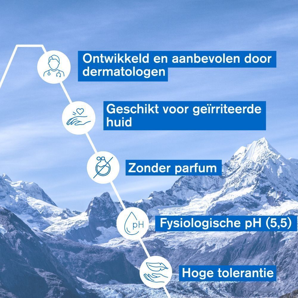 Grafiek met tekst. Tekst: Ontwikkeld door dermatologen, Geschikt voor geïrriteerde huid, Zonder parfum, Fysiologische pH (5,5), Hoge tolerantie.