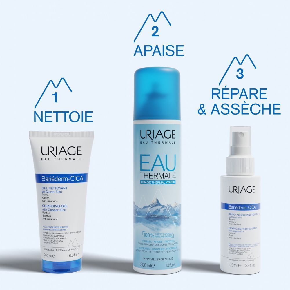 Trois produits côte à côte. Texte: Nettoie, Apaise, Répare & assèche.