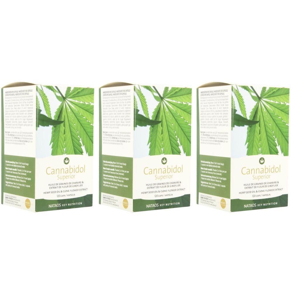 Trois boîtes de Cannabidol Superior. Illustration de feuille de cannabis. Texte en français.