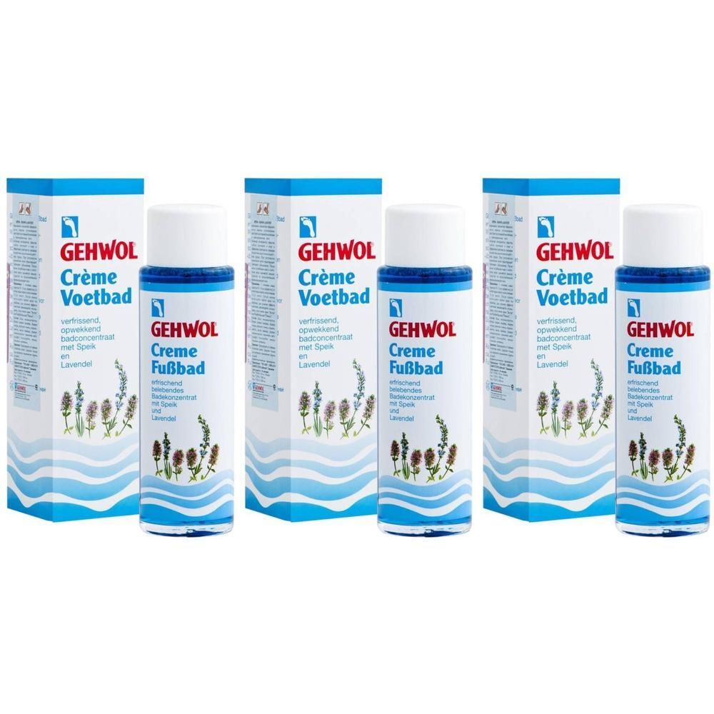 Drie flessen en verpakkingen. Op de flessen staat GEHWOL Crème Voetbad. De verpakkingen zijn blauw en wit.