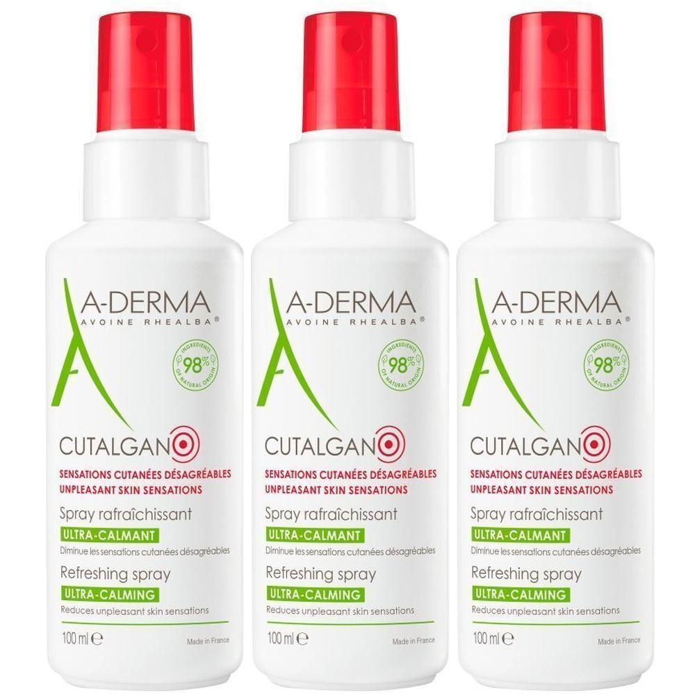Drie flessen A-Derma Cutalgan spray. Wit, met rode sproeikop. Opschrift: Ultra-Calmant.