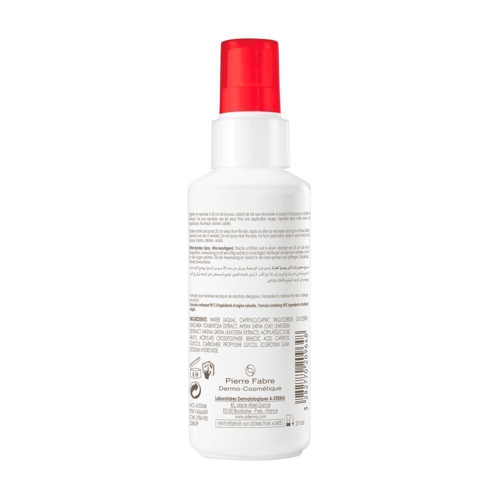 Dos d'un flacon de spray A-Derma Cutalgan. Contient du texte et des logos.