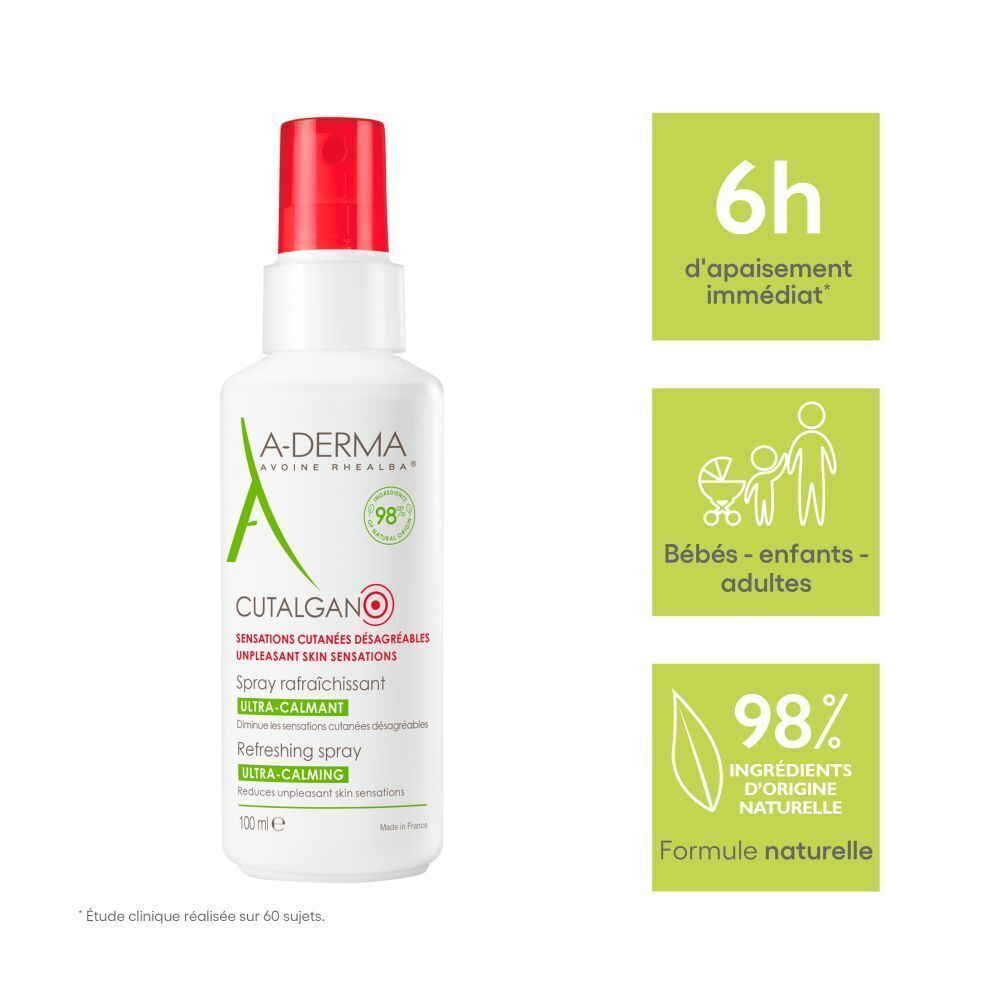 Spray A-Derma Cutalgan. Blanc, bouchon rouge. Texte: Ultra-Calmant. Logos et texte.