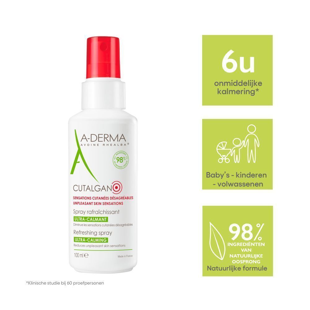 A-Derma Cutalgan spray. Wit, met rode sproeikop. Tekst: Ultra-Calmant. Logo's en tekst.