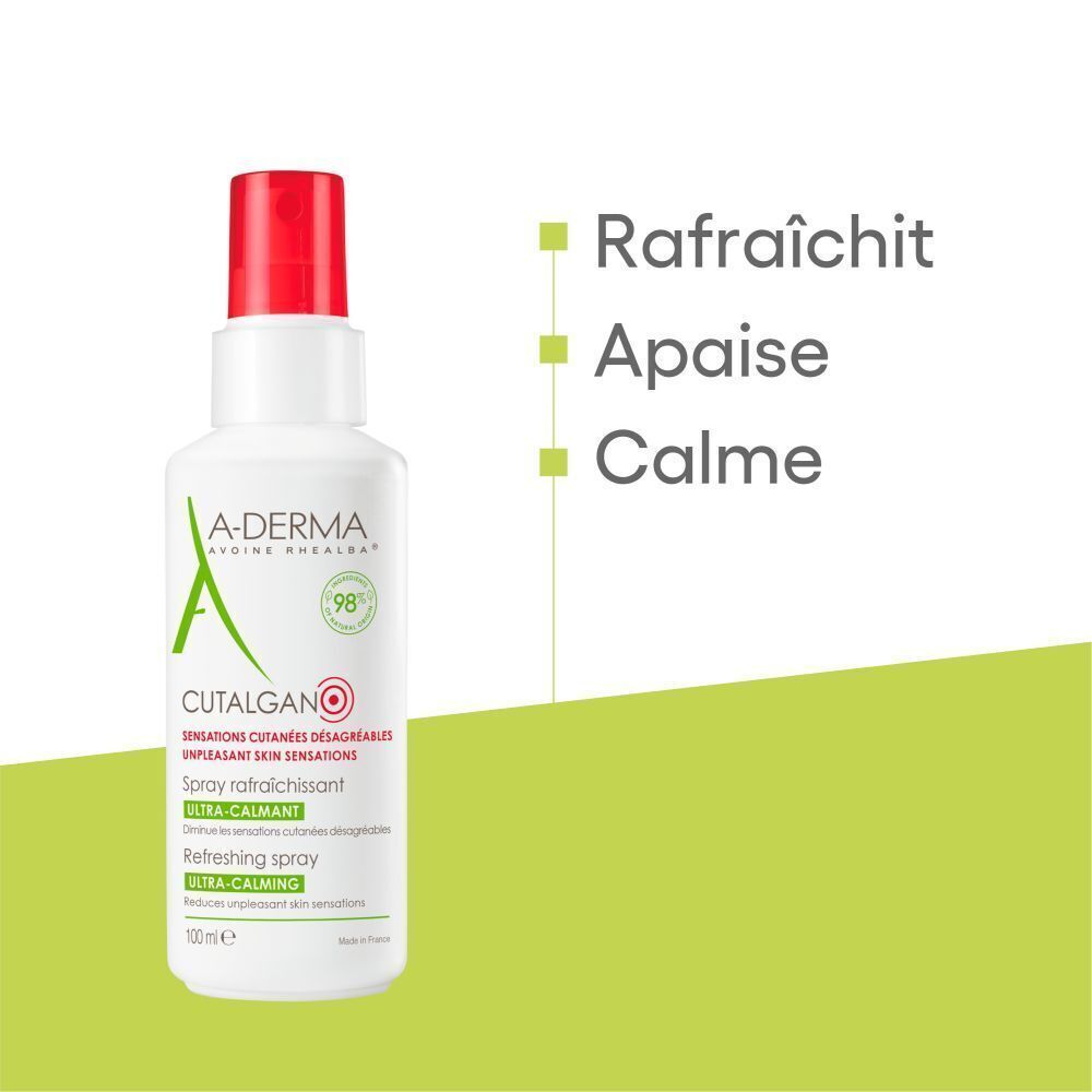 Spray A-Derma Cutalgan. Blanc, bouchon rouge. Texte: Ultra-Calmant. Sur fond vert.