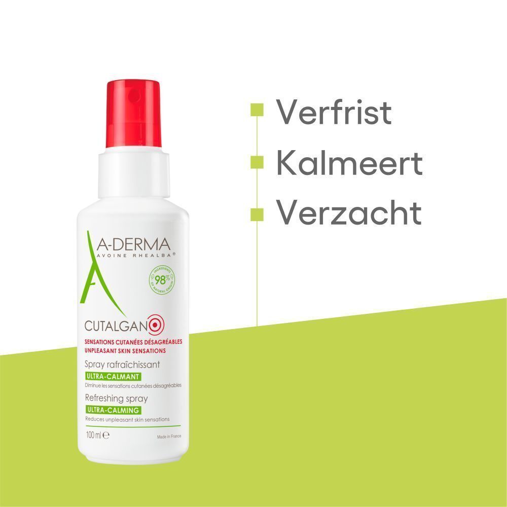 A-Derma Cutalgan spray. Wit, met rode sproeikop. Tekst: Ultra-Calmant. Op groene achtergrond.